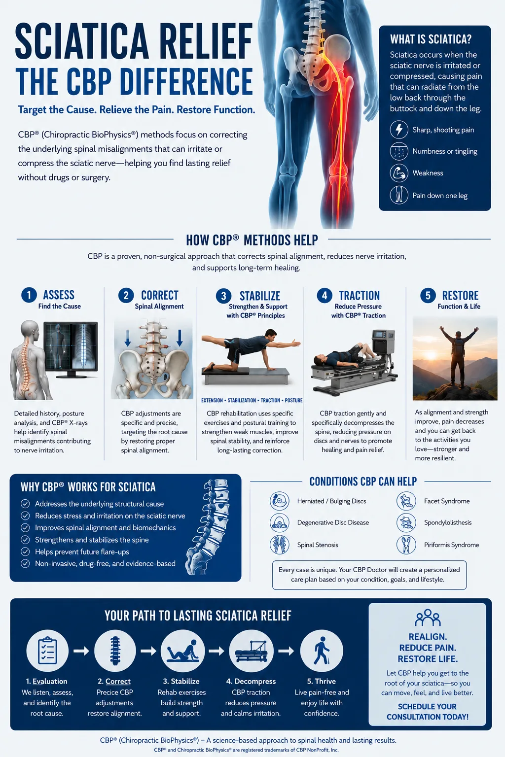 Sciatica Nerve Relief and Structural Treatment Infographic