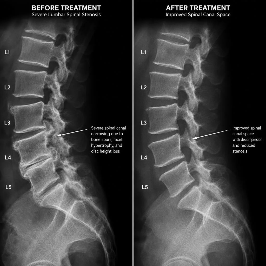 Before and after lumbar spine X-ray showing spinal stenosis canal narrowing and structural improvement after chiropractic treatment