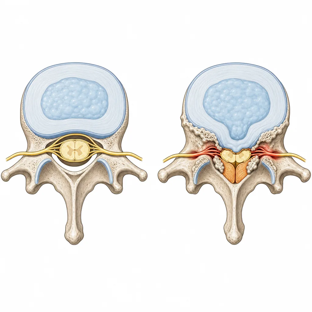 Top-down cross-section diagram comparing a healthy lumbar vertebra with a wide-open spinal canal to a stenotic vertebra where bone spurs, a bulging disc, and thickened ligament narrow the canal and compress the nerves